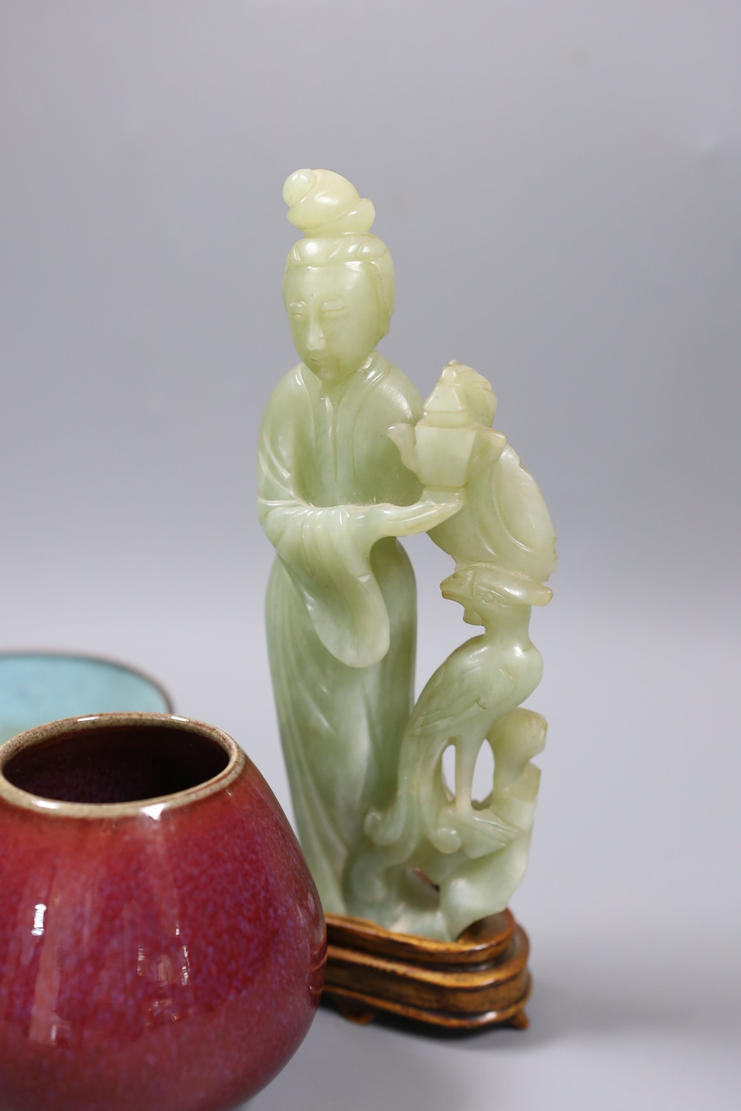 A Chinese bowenite jade figure of a lady, a Canton enamel bowl and a Jun type bud vase, tallest 20 cm high